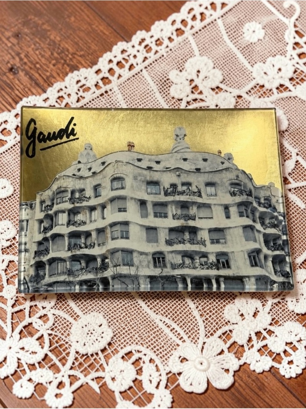 Gaudí Casa Milà La Pedrera Gold Glass Decorative Plaque Barcelona